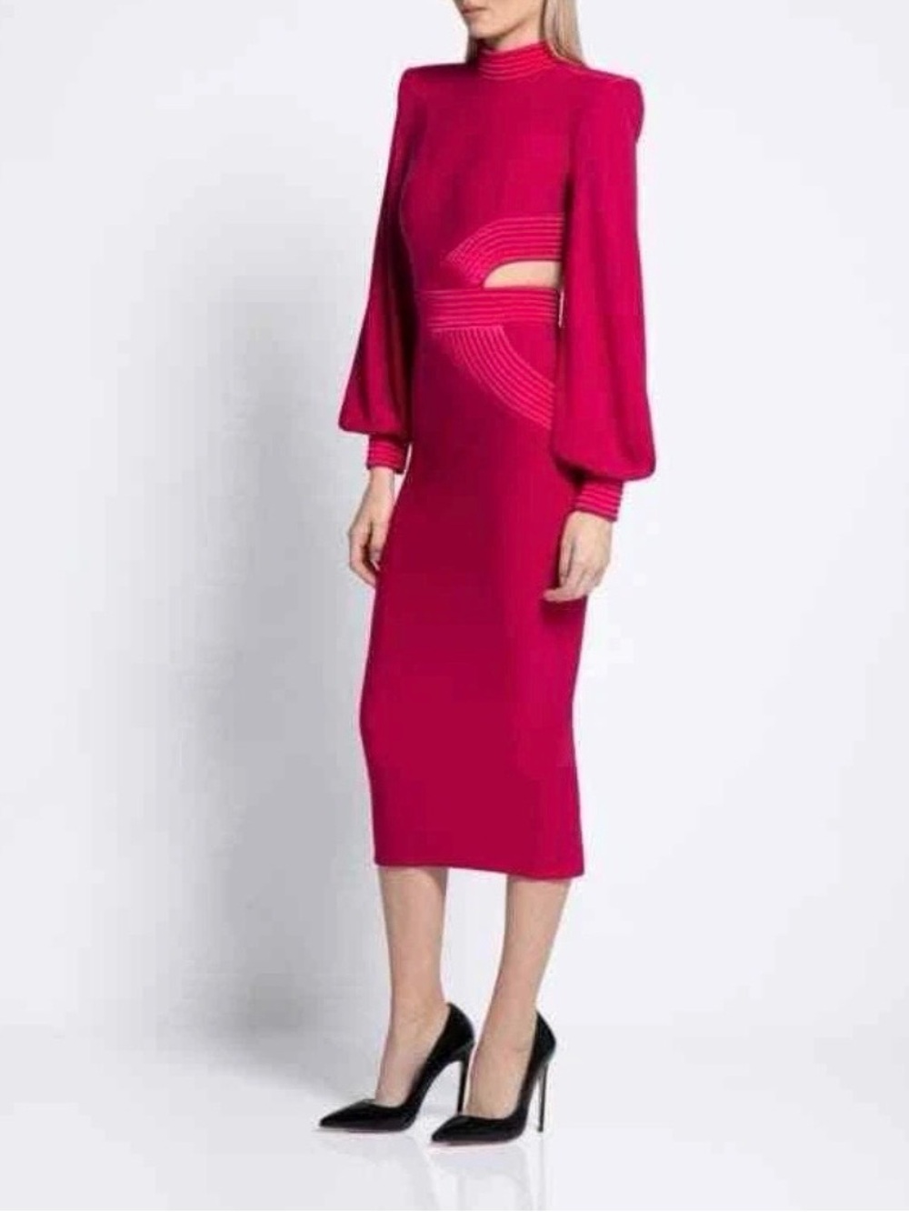 Zhivago Fuchsia Midi Dress with Cutout Waist and Bishop Sleeves, pre-owned. Sz 8 - Picture 3 of 16